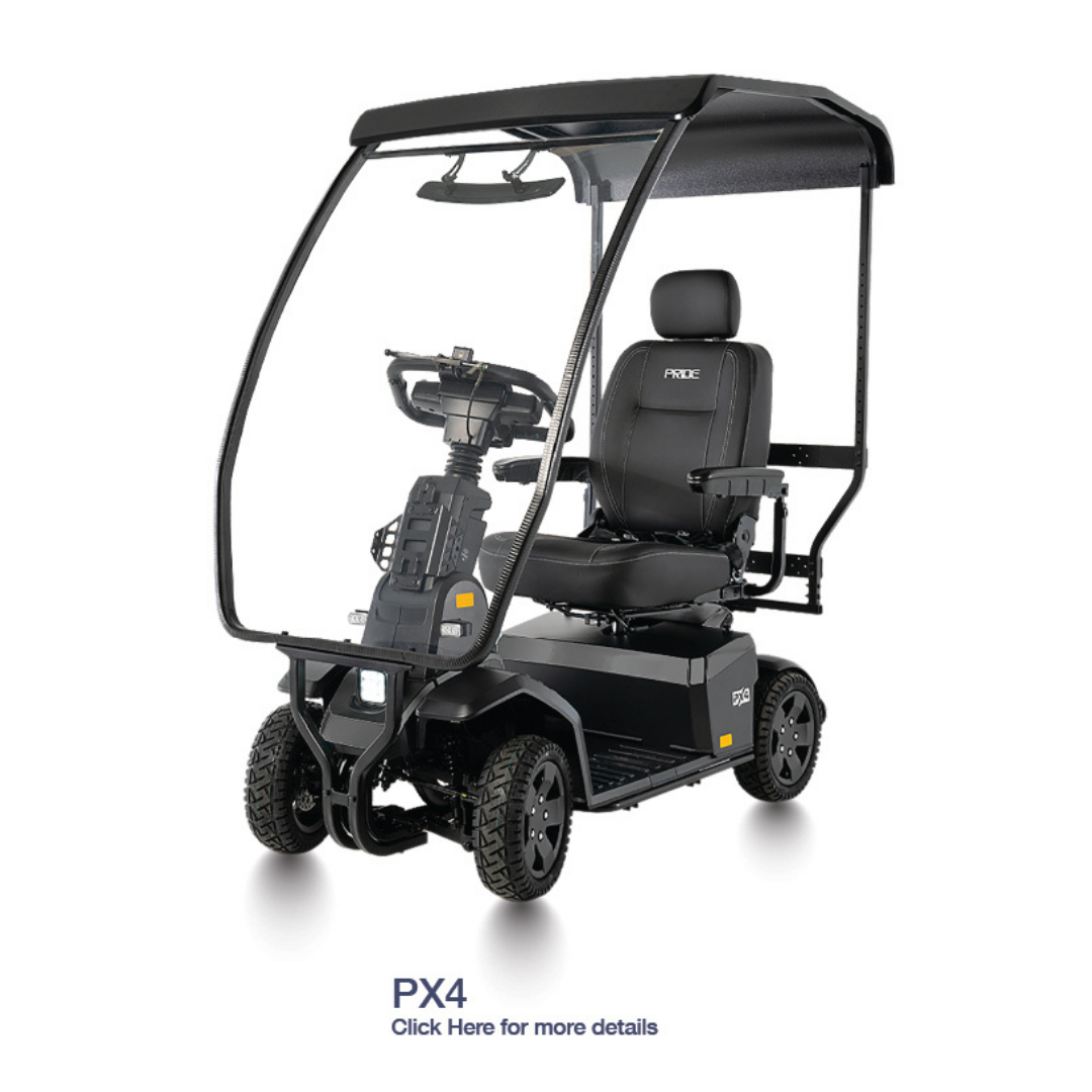 Pride Mobility Hard Top Canopy Scooter Accessory: Add a hard top canopy and clear windshield for four-wheel scooters. Includes black seat, armrests, and adjustable controls. Click here for more details.